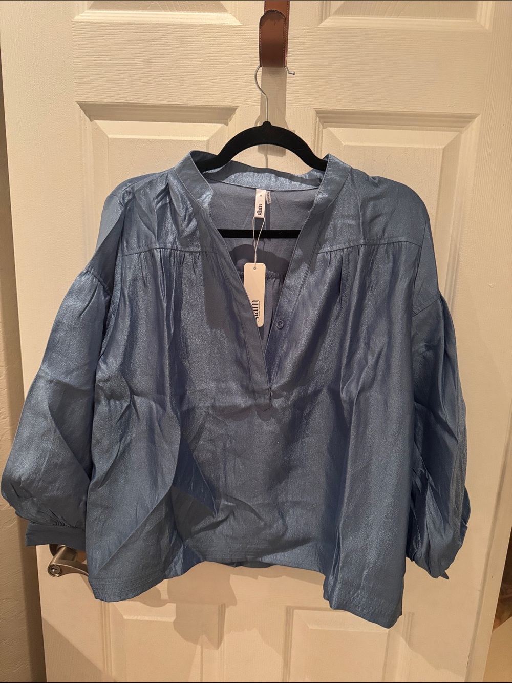 Glam Shimmery Sky Blue V-Neck Peasant Blouse
